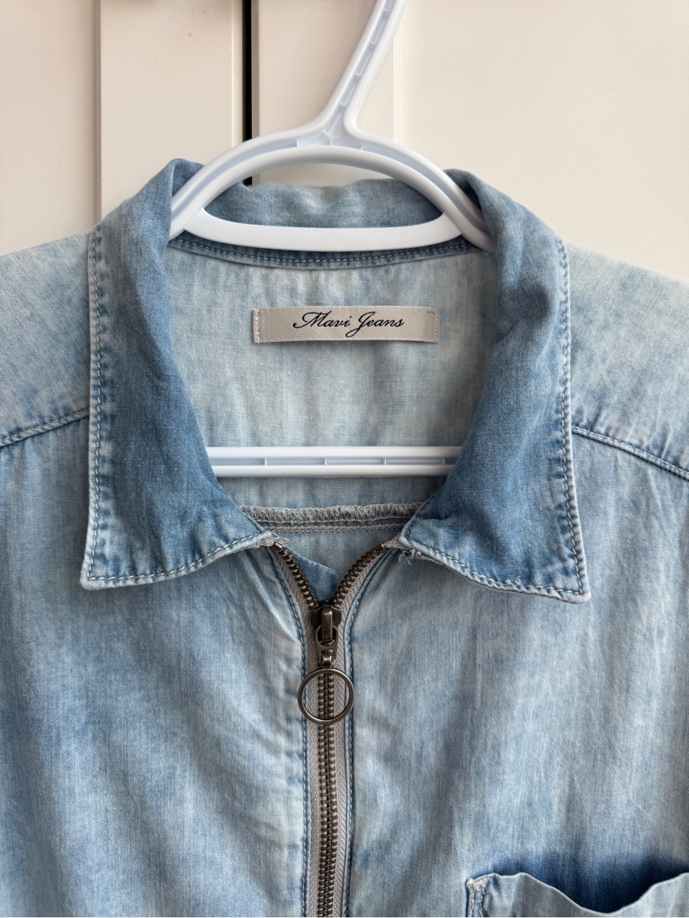 Mavi Jeans Light Wash Denim Zip Front Utility Romper Belted Short Sleeve Size M - Picture 9 of 11
